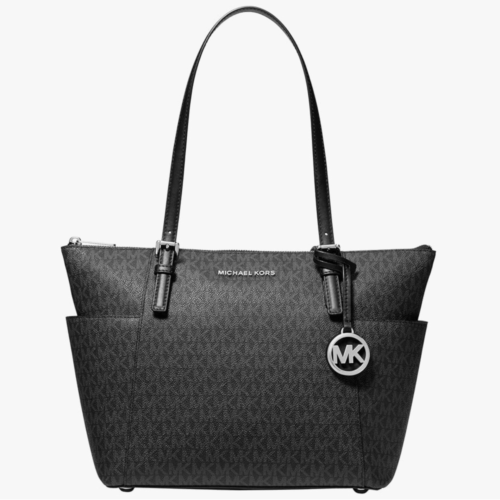 MICHAEL KORS Jet Set Item Black Signature Logo Print Canvas Tote Bag NWT